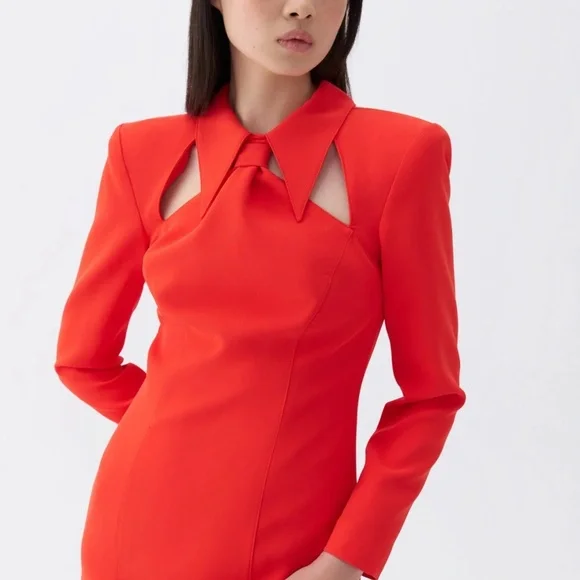 Tie Neck Midi Dress with Shoulder Pad - Picture 2 of 8